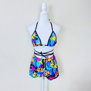 Blue & Yellow Flame Graffiti Triangle Metal Embellished Top & Booty Shorts Set